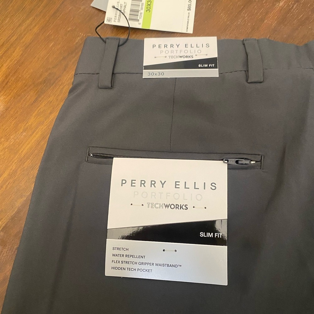 Perry Ellis Portfolio 30x30 Men's Pleated Pants Gray Poly Asphalt NWT - Picture 12 of 16